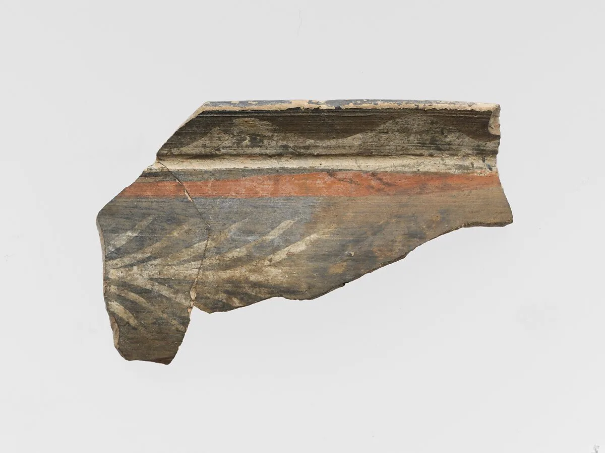 Terracotta rim of a cup with fern pattern and bands — Unknown