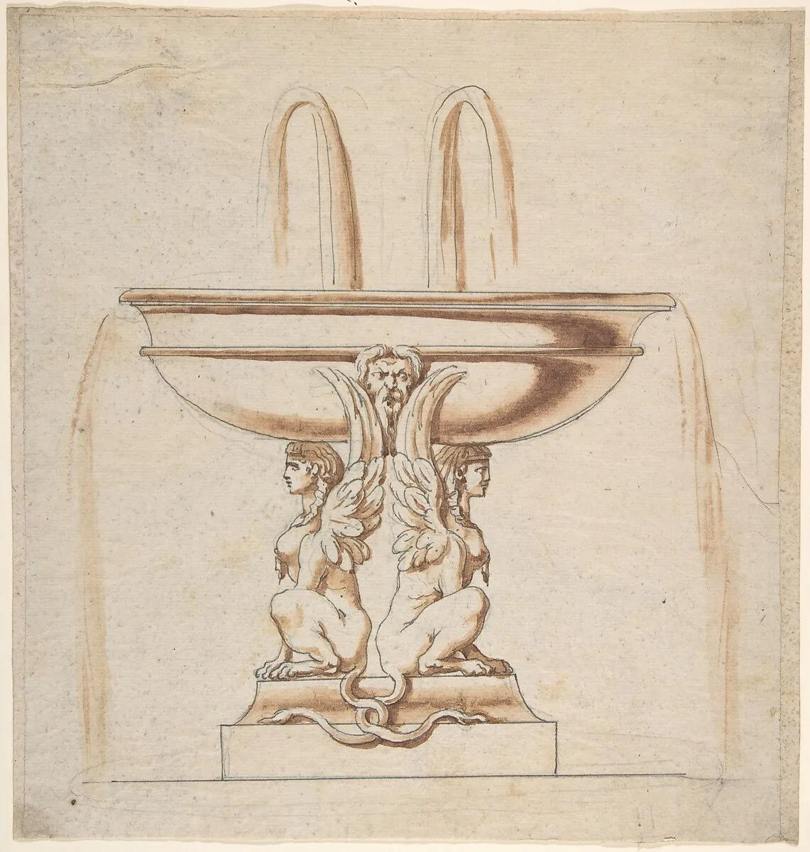 Design for a Fountain: Bowl Supported by Two Sphynxes — Anonymous, Italian, Bolognese 18th century artist|Anonymous, Italian, Bolognese 18th century artist
