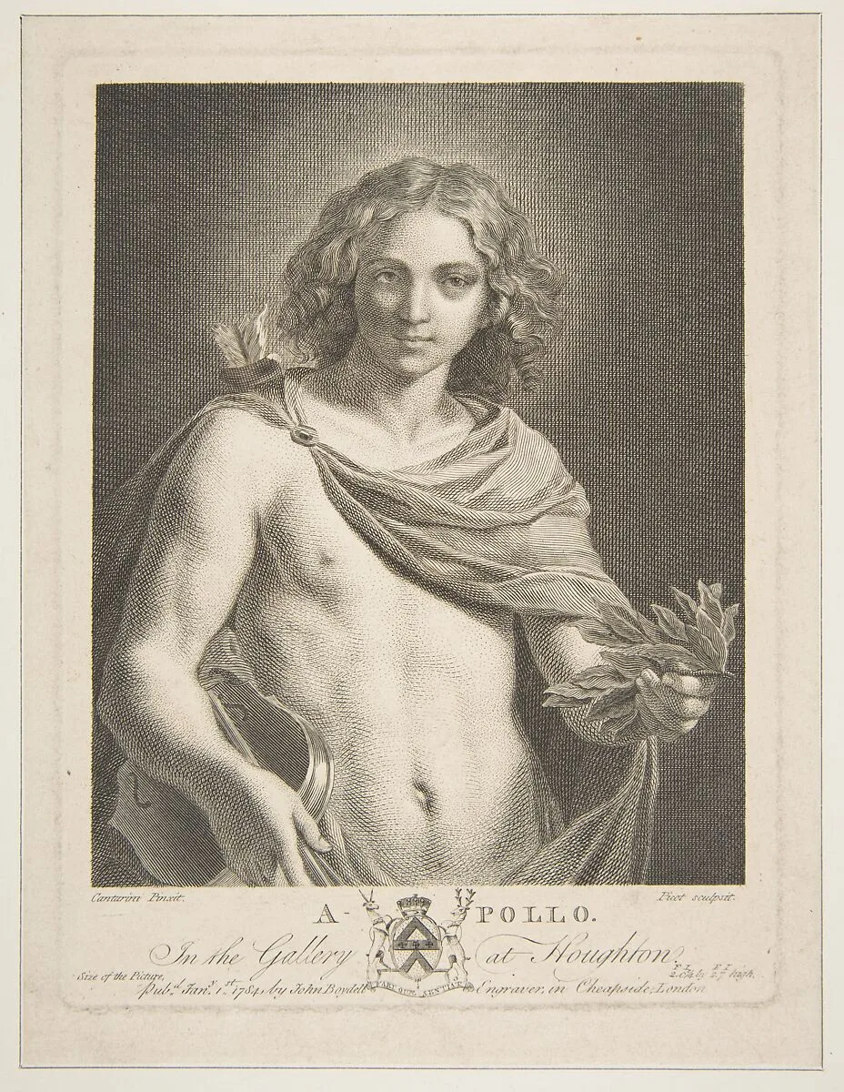 Apollo wearing a mantle and holding a laurel branch and violin — Simone Cantarini|John Boydell|Victor Marie Picot