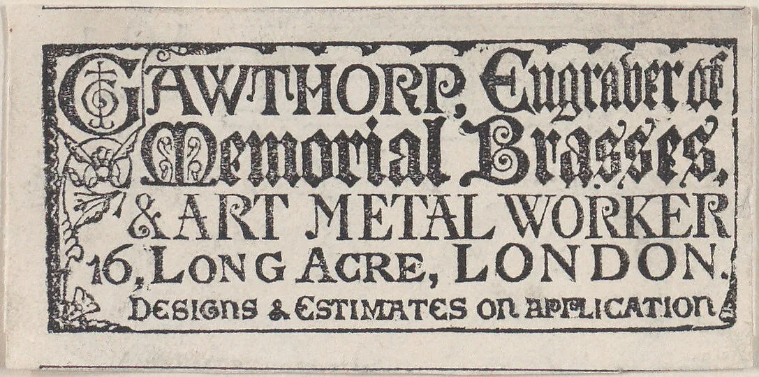 Trade card for Gawthorp, Engraver and Art Metal worker — Anonymous, British, 19th century