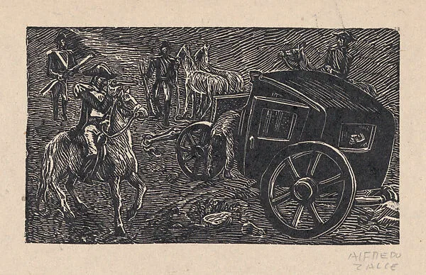 Soldiers ambushing a carriage and attacking people, illustration for 'Hidalgo' — Alfredo Zalce
