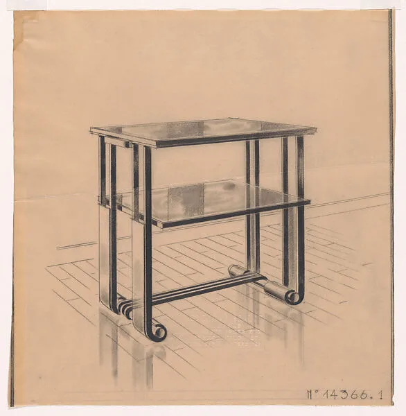 Presentation Drawing for a Tall Side or Serving Table with a Wrought-Iron Base and a Glass Top (No.14366.1) — Edgar Brandt