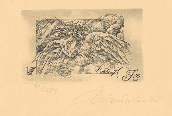 Head and wings of an angel, from a series of prints made as Christmas cards for Luis García Lecuona — Federico Cantù|Carlos Alvarado Lang
