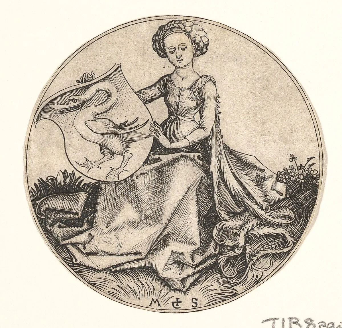 Shield with Swan Held by Woman — Martin Schongauer