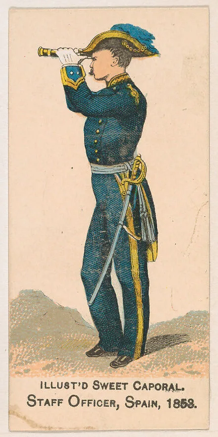 Staff Officer, Spain, 1853, from the Military Series (N224) issued by Kinney Tobacco Company to promote Sweet Caporal Cigarettes — Kinney Brothers Tobacco Company