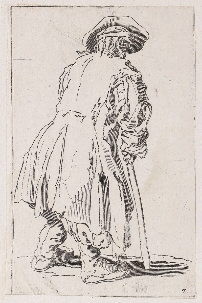 Reverse Copy of Le Vieux Mendiat a une Seule Béquille (The Old Beggar with One Crutch), from Les Gueux suite appelée aussi Les Mendiants, Les Baroni, ou Les Barons (The Beggars, also called the Barons) — Jacques Callot|Anonymous