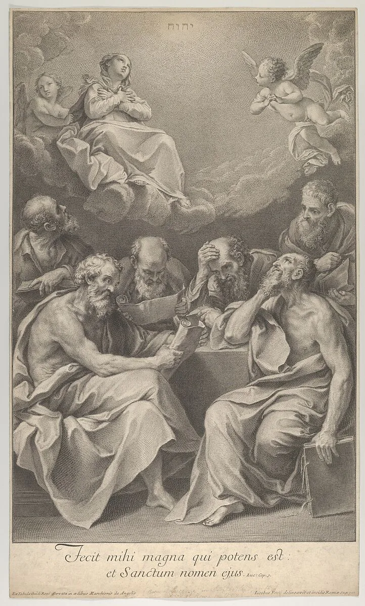 The doctors of the church consulting books and documents and contemplating the Virgin who is shown above in heaven, flanked by angels, after Reni — Guido Reni|Johann Jakob Frey the Elder|Johann Jakob Frey the Elder