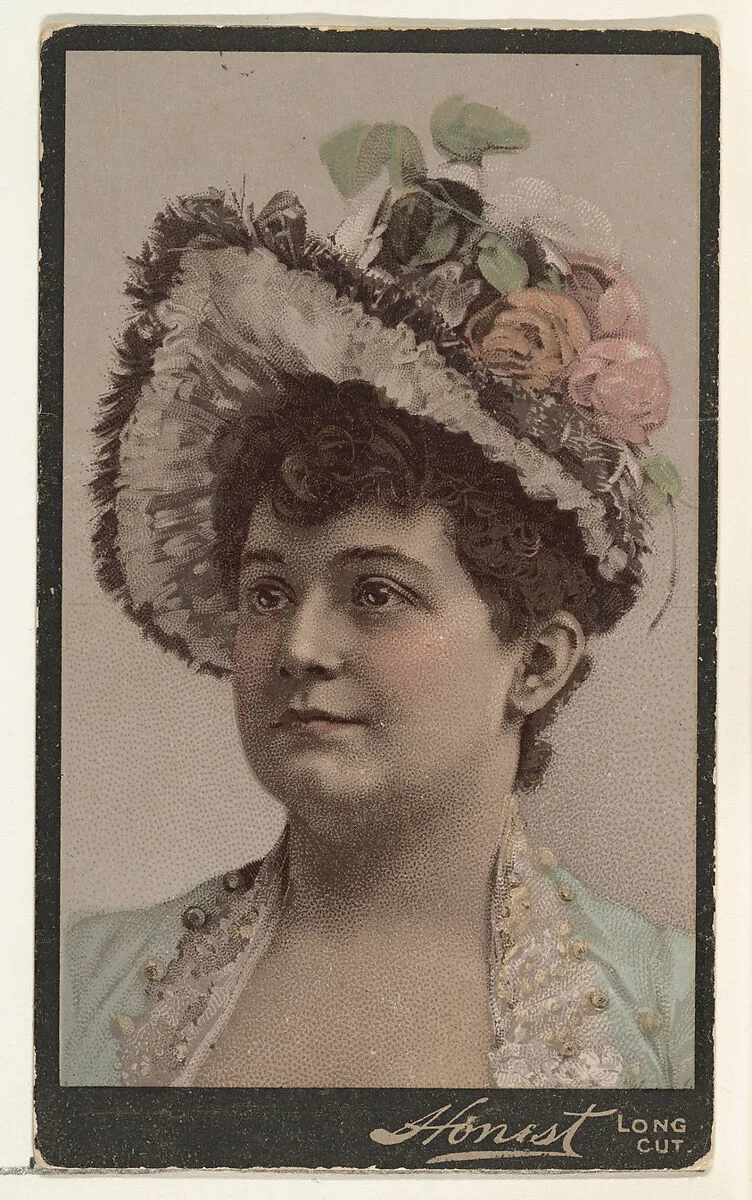 Actress wearing elaborate hat with flowers, from Stars of the Stage, Third Series (N131) issued by Duke Sons & Co. to promote Honest Long Cut Tobacco — W. Duke, Sons & Co.|Joseph P. Knapp|American Tobacco Company