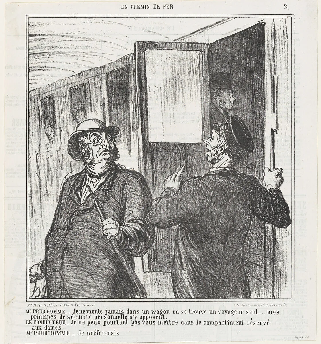 Mr. Prudhomme: I shall never get into a compartment alone with a single traveler... principles of personal safety are contrary to that, from 'On the train,' published in Le Charivari, August 18, 1864 — Aaron Martinet|Destouches|Honoré Daumier