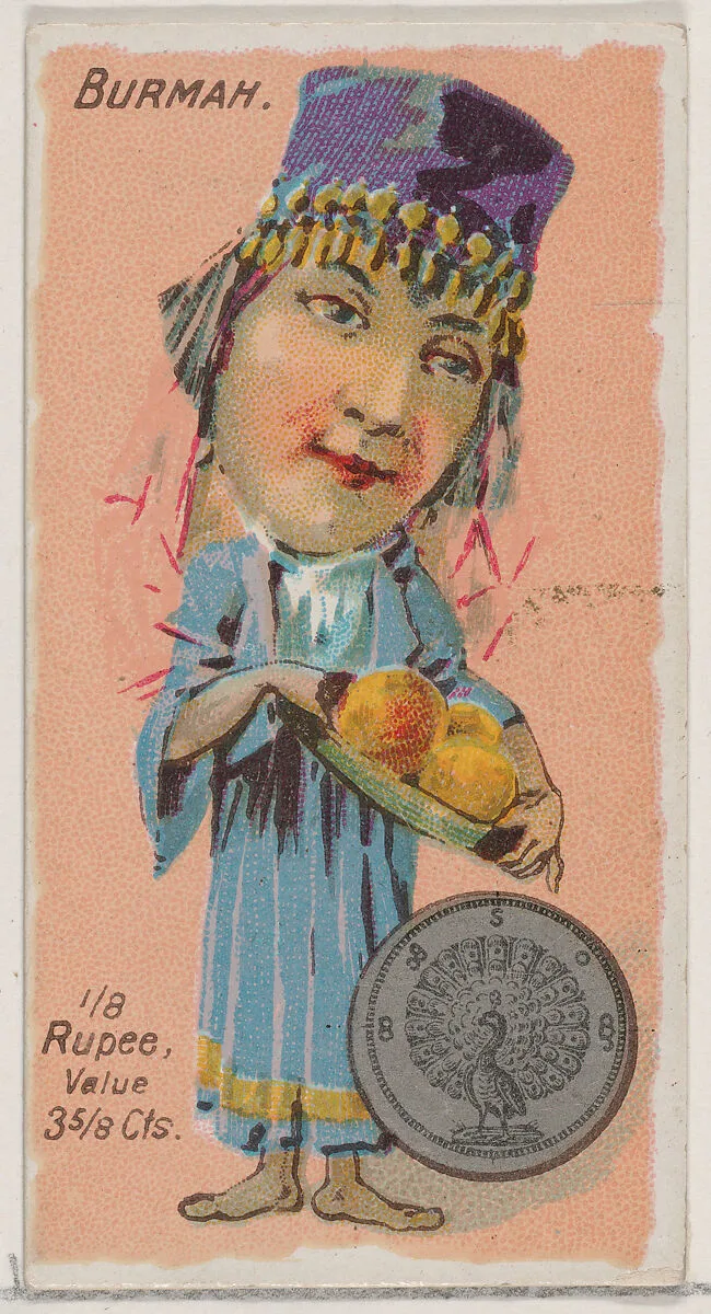Caricatured Burmese figure, 1/8 Rupee, from the series Coins of All Nations (N72, variation 2) for Duke brand cigarettes — W. Duke, Sons & Co.