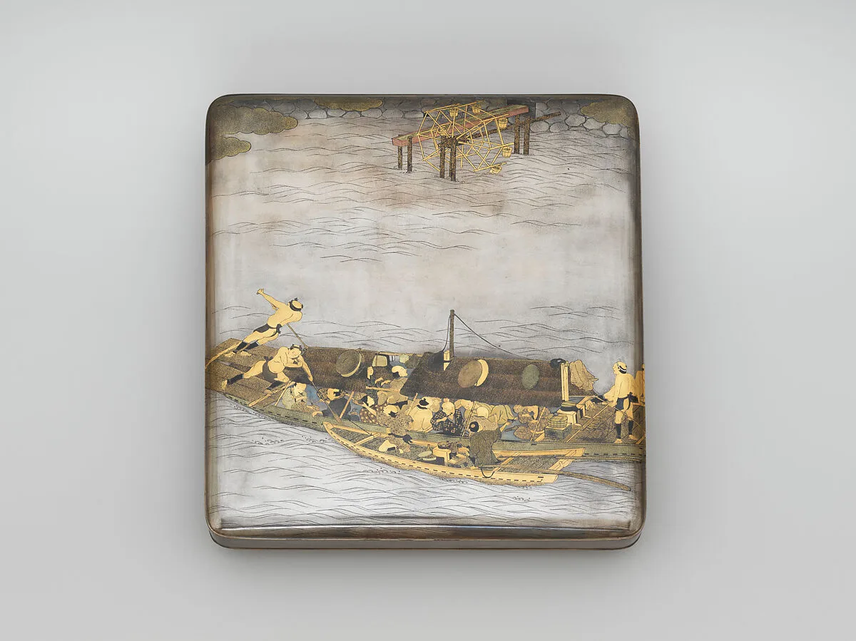 淀川蒔絵硯箱|Writing box (suzuribako) with passenger boat on the Yodo River — Shiomi Masanari 塩見政誠