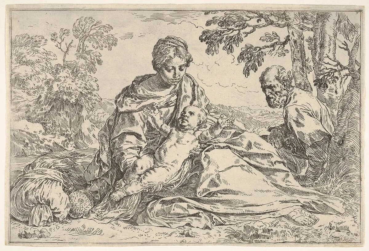 Rest on the flight into Egypt, Mary holding the infant Christ with St. Joseph at right, copy after Cantarini — Simone Cantarini