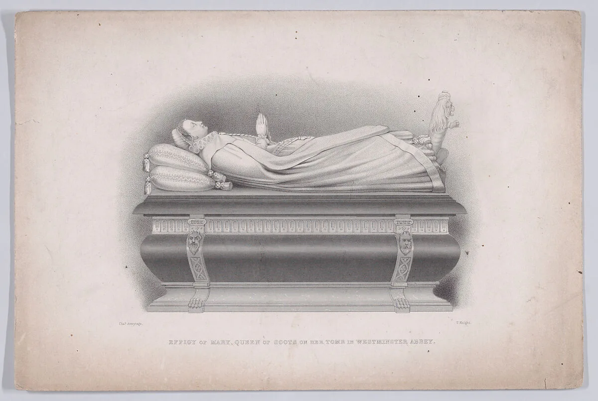 Effigy of Mary, Queen of Scots on her tomb in Westminster Abbey (from The Pictorial History of Scotland, volume 1) — Mary, Queen of Scots|James Taylor|T. W. Knight|John Carr Armytage|J. S. Virtue & Co.