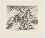 An outdoor shelter in front of which are piles of debris: Plate 4 from the portfolio 'Arquitectura Funcional' — Impresora America|José Sánchez|Francisco Dosamantes, Mexican
