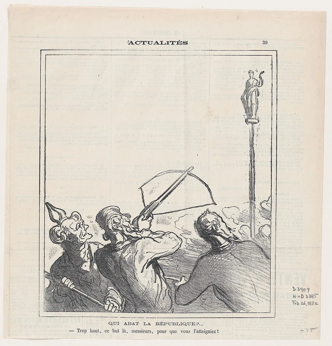 Who will shoot down the Republic? –Gentlemen, this mark is too high for you to be able to reach it!, from 'News of the day,' published in Le Charivari, February 26, 1872 — Honoré Daumier