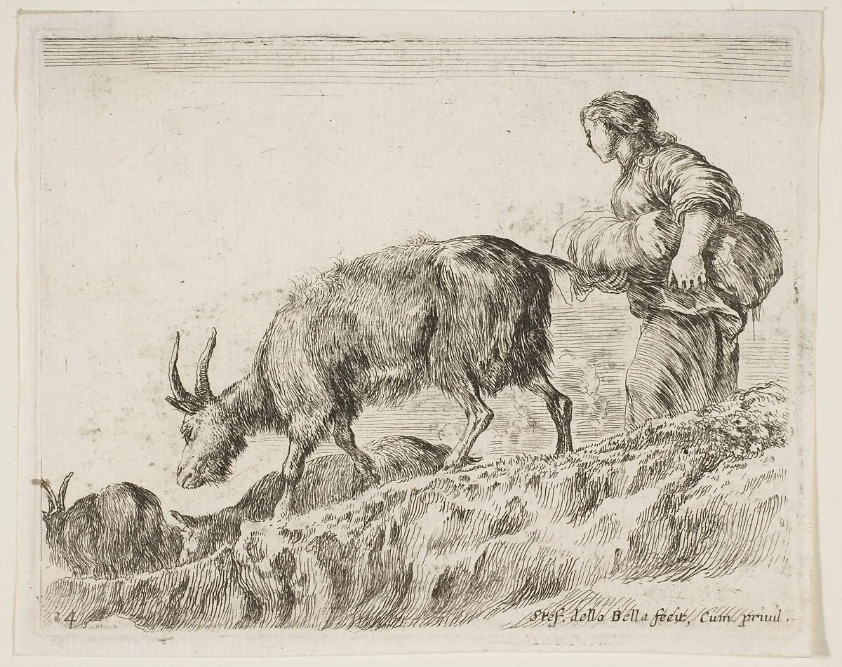 Shepherdess herding goats, plate 14 from "Various Animals" (Diversi Animali) — Stefano della Bella