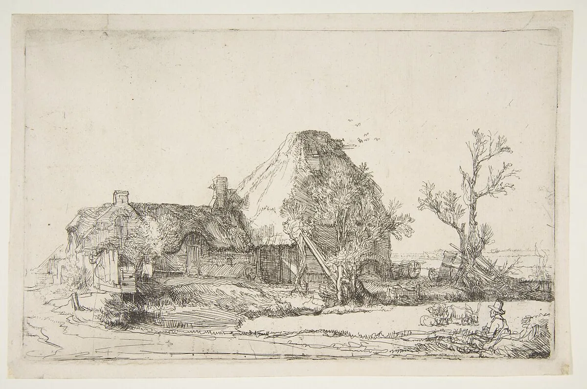 Cottages and Farm Buildings with a Man Sketching — Rembrandt (Rembrandt van Rijn)