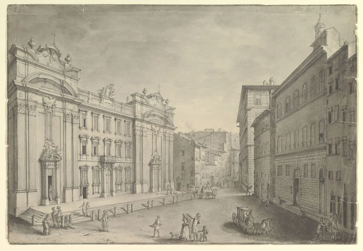 View of Piazza San Firenze and the church of San Firenze, Florence, view toward Arno — Anonymous, Italian, mid-18th century