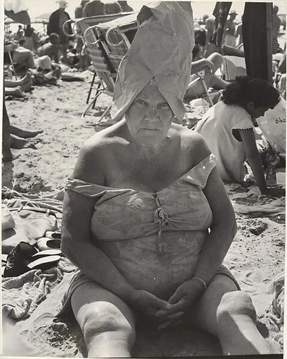 [Beach Scene: Woman Wearing Paper Bag Hat, Coney Island, New York]
