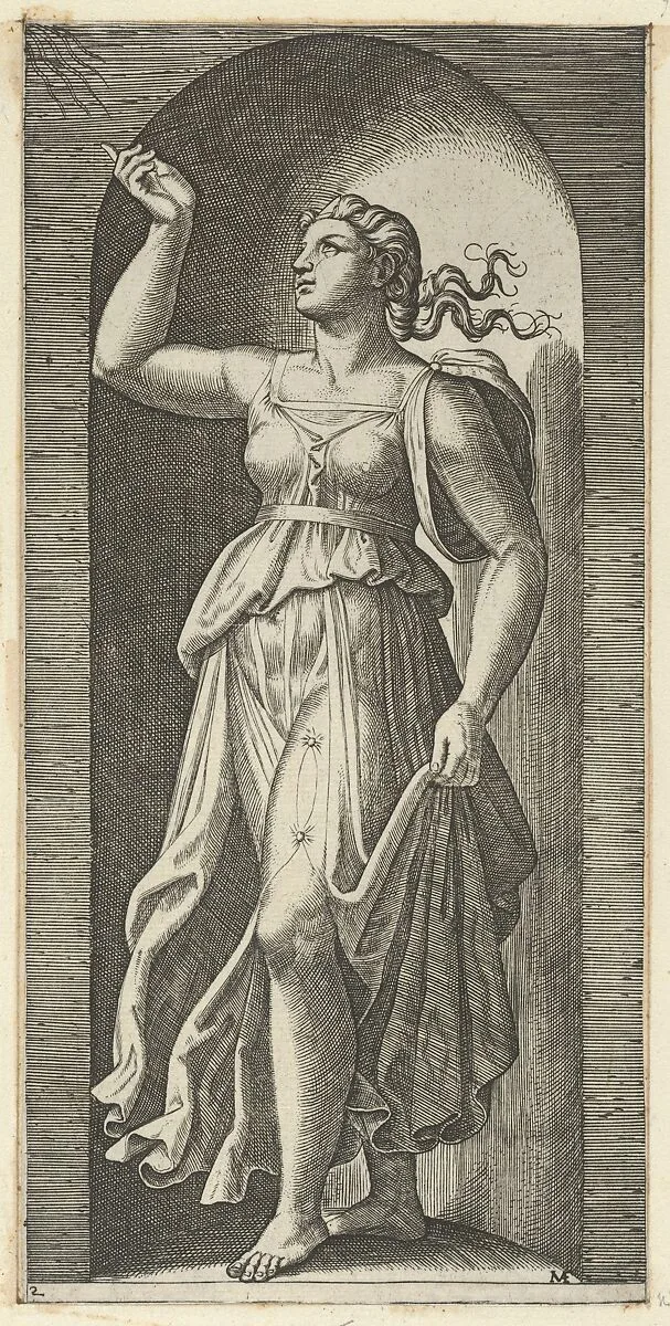 Faith personified by a woman standing in a niche, pointing to rays in the upper left, from 'The Virtues' — Marcantonio Raimondi|Raphael (Raffaello Sanzio or Santi)