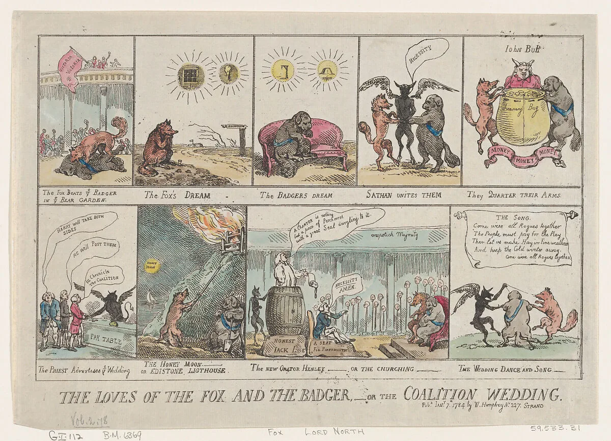 The Loves of the Fox and The Badger, or The Coalition Wedding. — Rev. William Jackson|Frederick North, 2nd Earl of Guilford|Charles James Fox|Thomas Rowlandson|William Woodfall|John Henley|William Humphrey