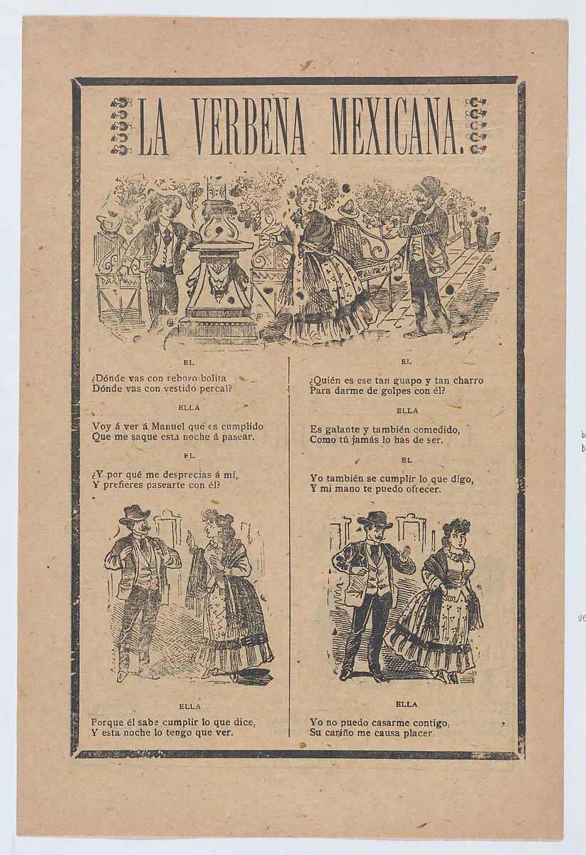 Broadsheet with a verse about a woman who rejects a male suitor for another, vignettes of a woman talking to various men — José Guadalupe Posada
