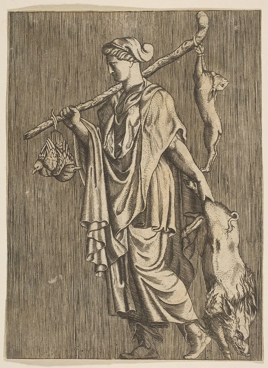 Woman returning from a hunt carrying a boar in her left hand and a stick on her right shoulder to which a hare and two ducks are tied — Anonymous, Italian, 16th to early 17th century|Marco Dente