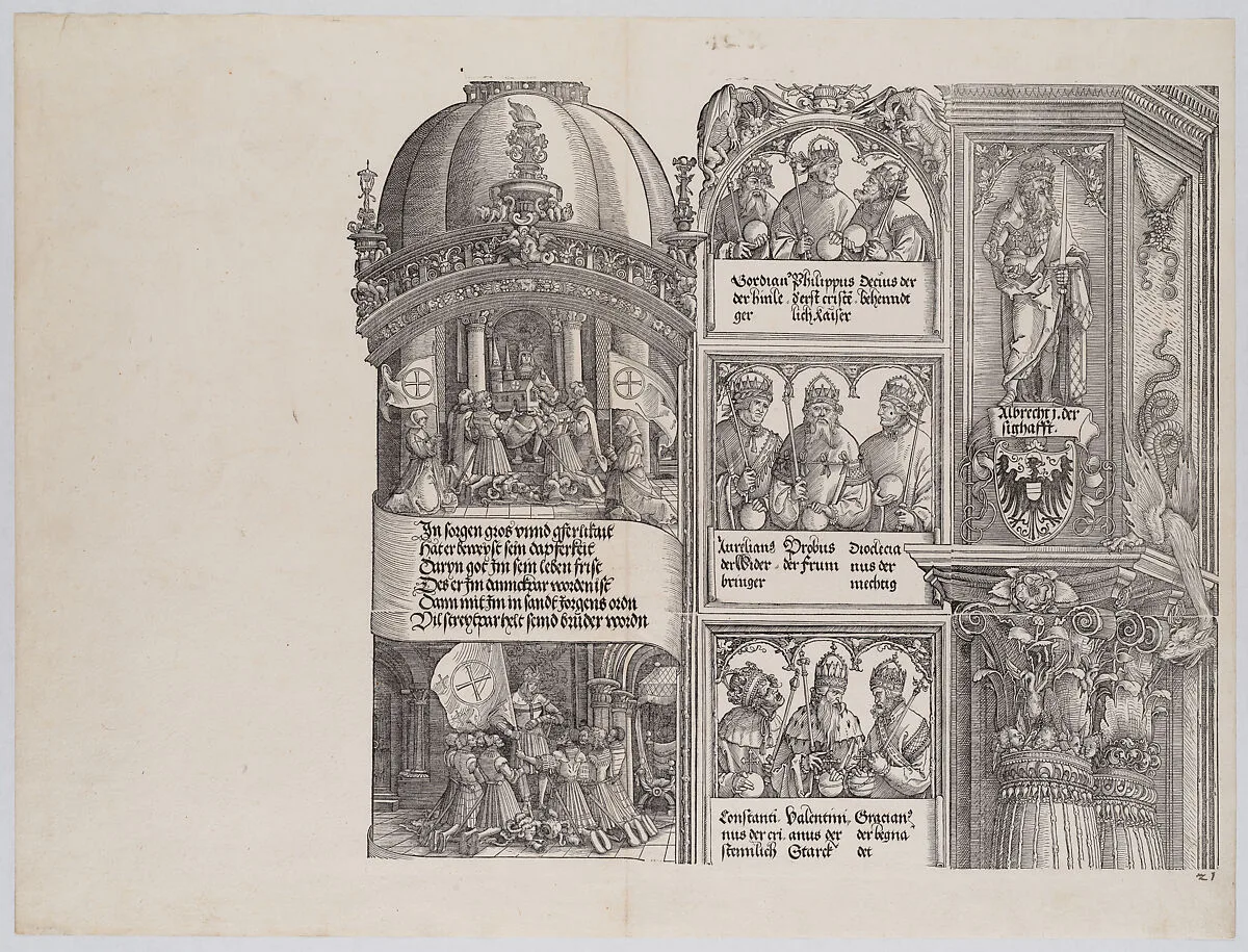 Maximilian as Founder and Protector of the Order of St. George; and Maximilian and the Knights of St. George Vowing a Crusade Against the Turks; with Portraits of Emperors and Kings (Maximilian's Forerunners), from the Arch of Honor, proof, dated 1515, printed 1517-18 — Albrecht Altdorfer|Hans Springinklee|Albrecht Dürer|Hieronymus Andreae|Wolf Traut