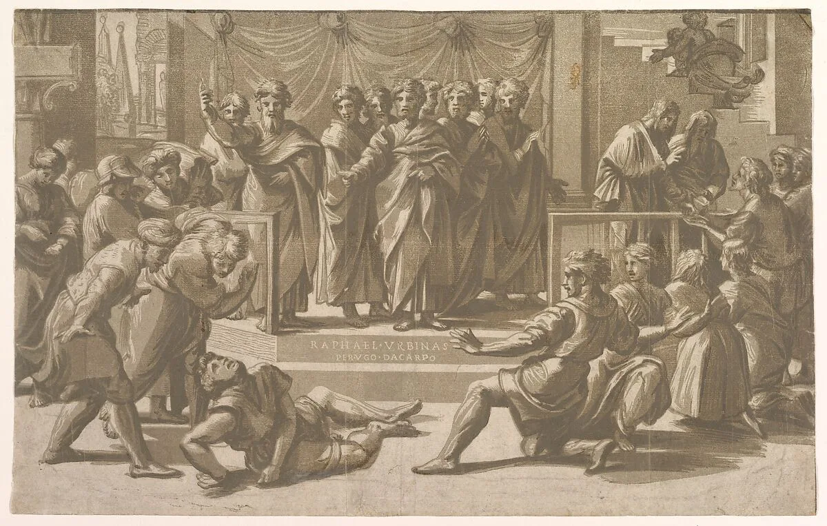 The death of Ananias, surrounded by Apostles — Ugo da Carpi|Raphael (Raffaello Sanzio or Santi)
