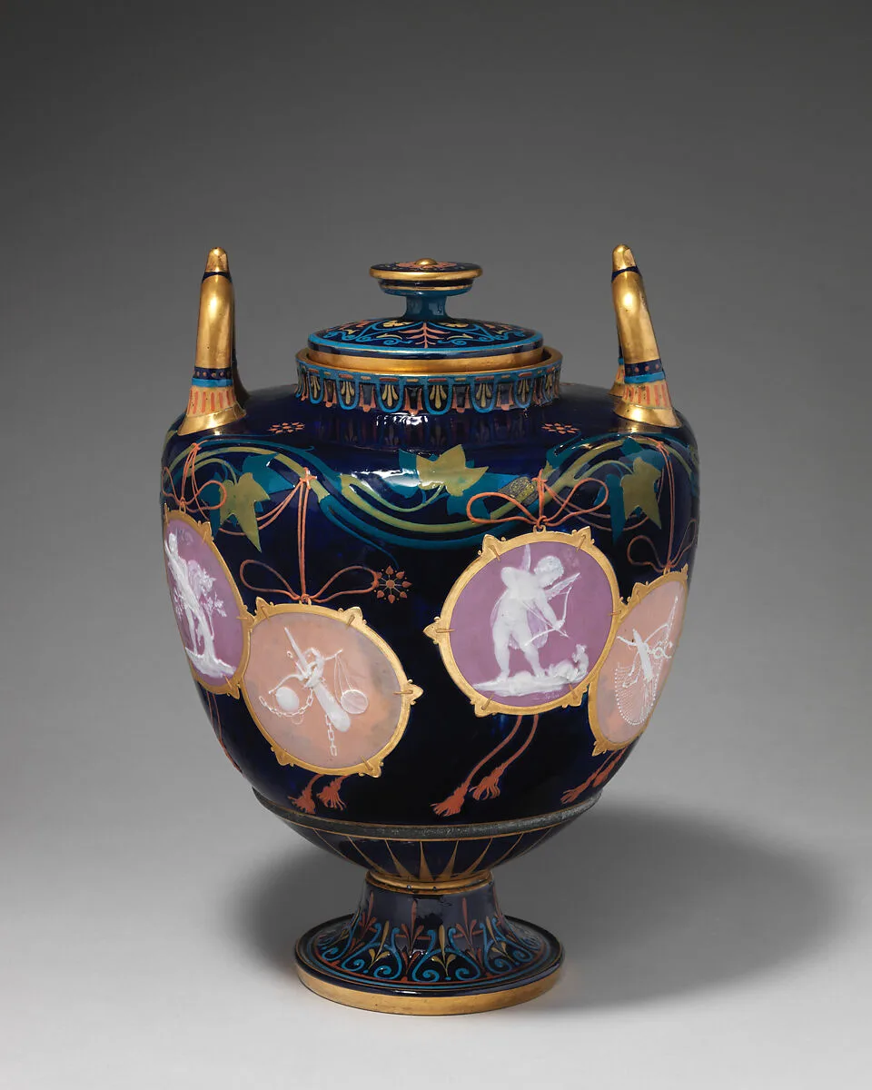 "Pompeian" vase with cover (one of a pair) — Louis Marc Emmanuel Solon|T. Goode|Minton(s)