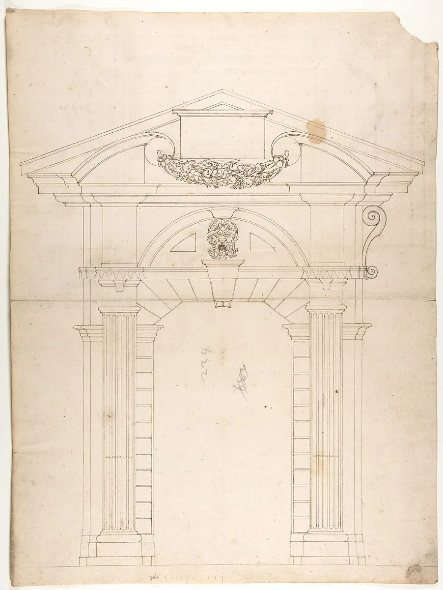 Porta Pia, elevation (recto) Porta Pia, window, elevation; section (verso) — Anonymous, French, 16th century