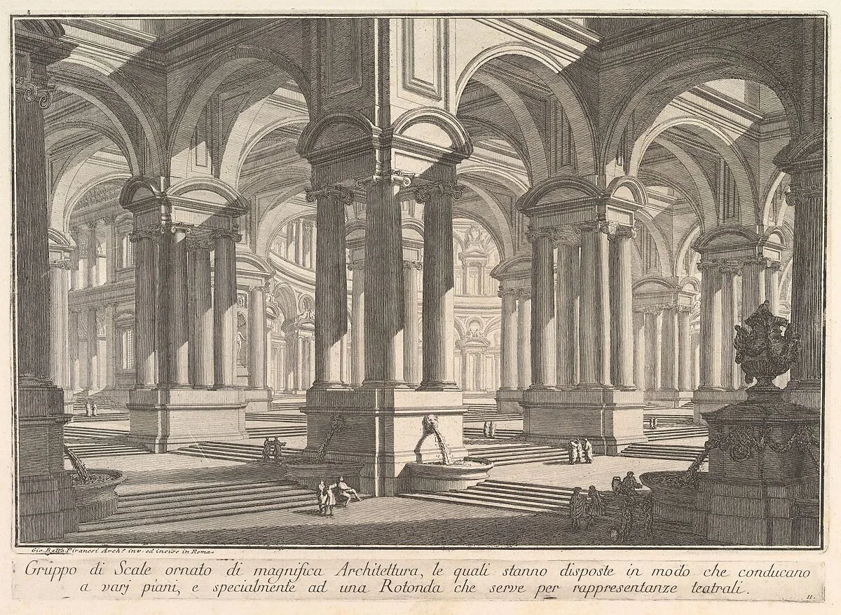 Stairways adorned by magnificient architecture... (Gruppo di Scale ornato di magnifica Architettura...), from "Prima Parte di Architettura, e Prospettive" — Giovanni Battista Piranesi
