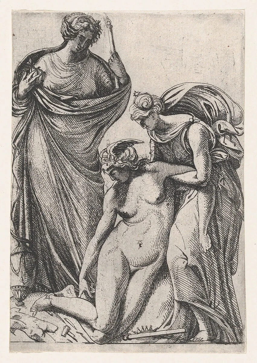 Study supporting the fainting personification of Sculpture; standing next to them, France as a draped woman holding crown and sceptre — Pierre Biard II