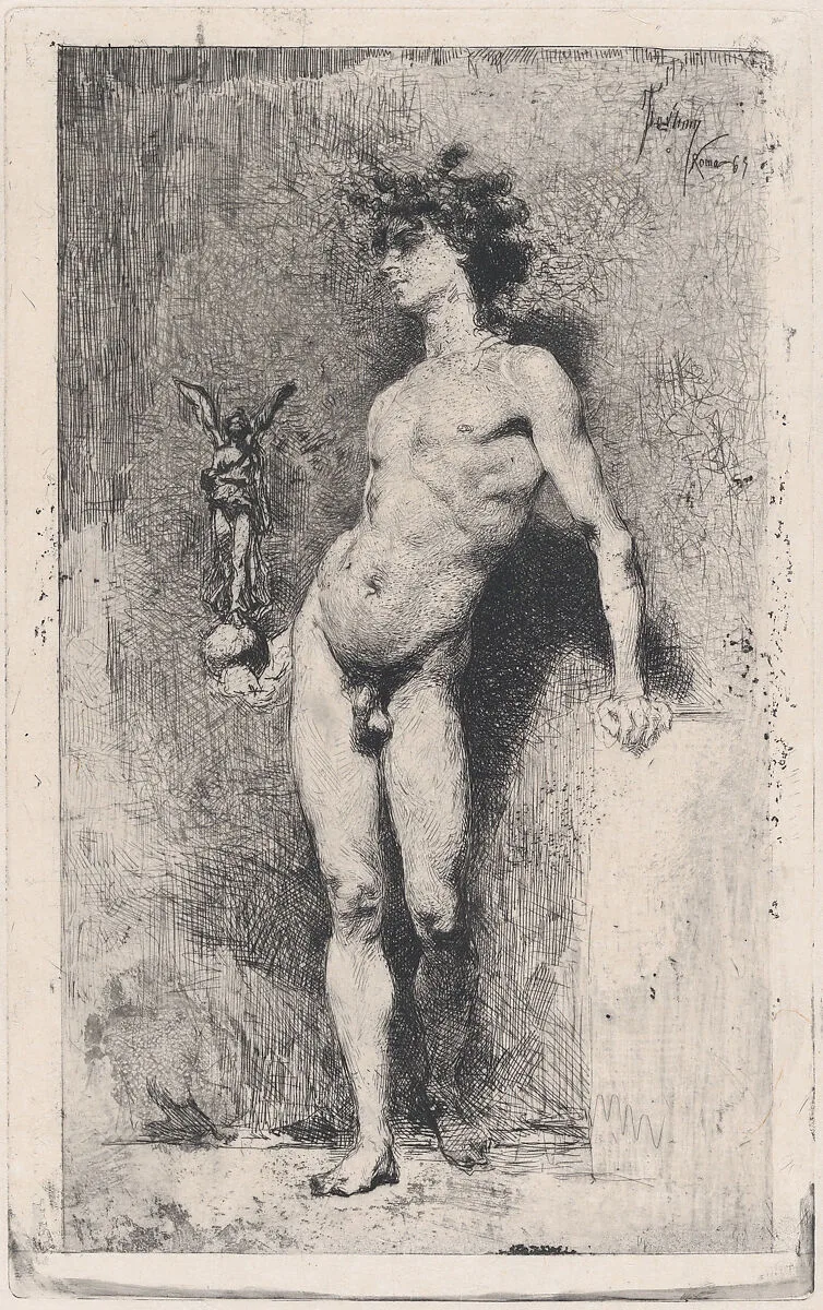 Victory: a naked youth standing facing left holding a statue of winged Victory in his right hand — Mariano Fortuny, 1838–1874