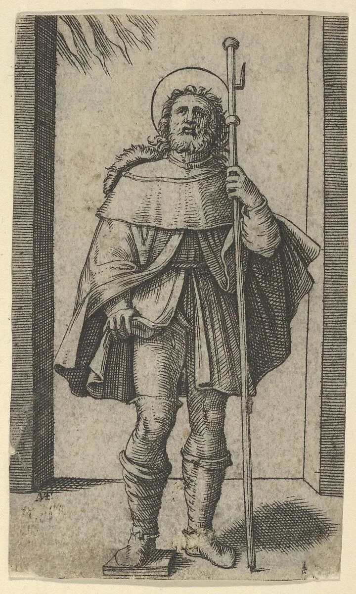 Saint Roch staff in his left hand, from "Piccoli Santi" (Small Saints) — Marcantonio Raimondi