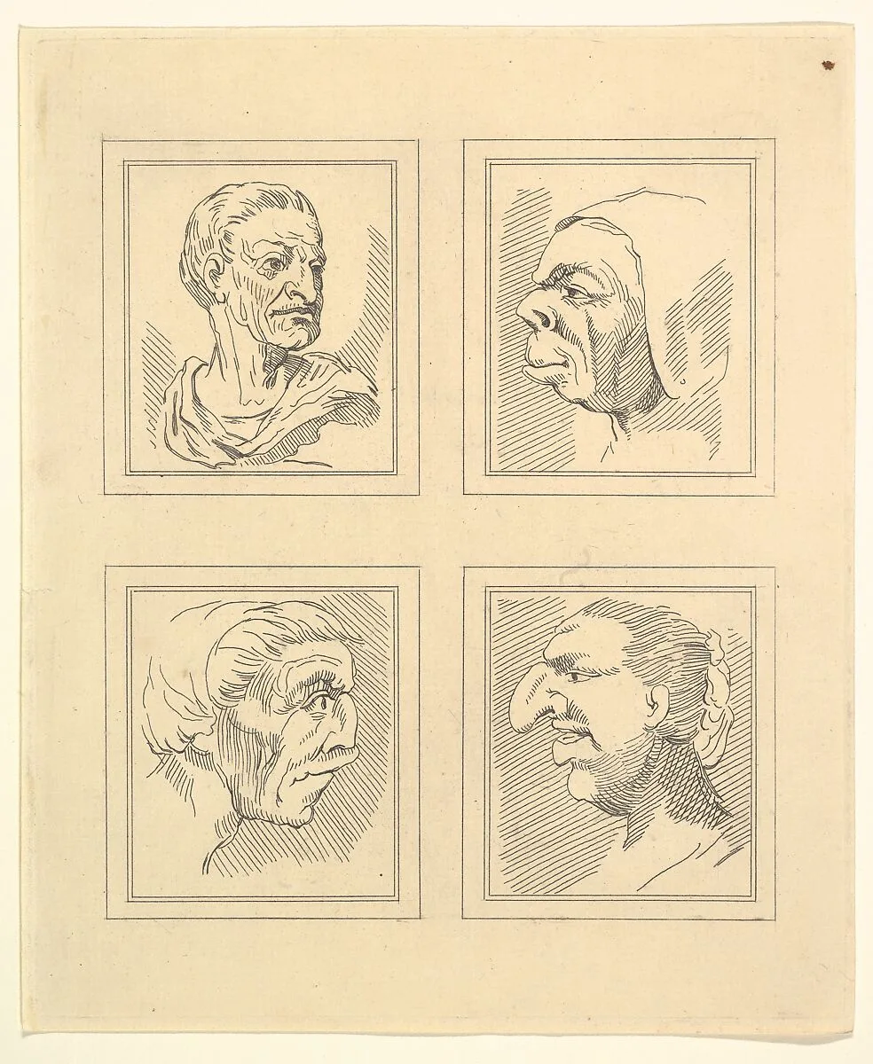 Four Heads (from Characaturas by Leonardo da Vinci, from Drawings by Wincelslaus Hollar, out of the Portland Museum) — John Clarke|Wenceslaus Hollar|Leonardo da Vinci