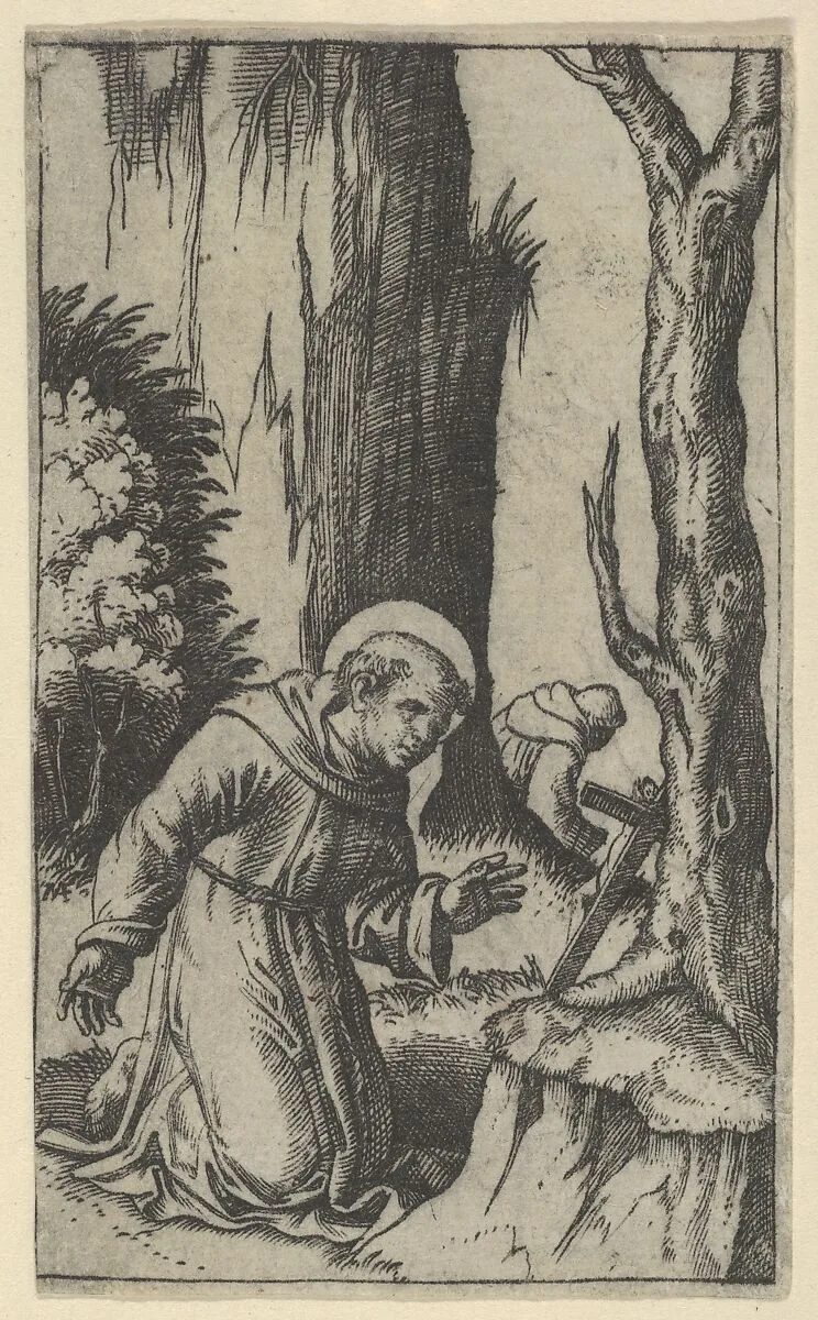 Saint Francis of Assisi praying before a crucifix, from "Piccoli Santi" (Small Saints) — Marcantonio Raimondi
