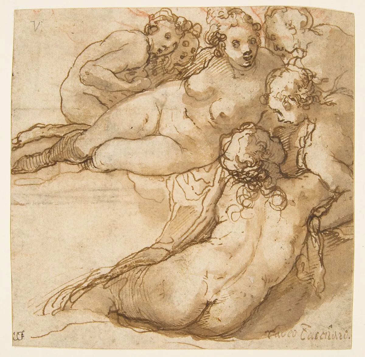 Group of Six Reclining Nude Women (Nymphs Bathing) (recto); Sketch of a Leg (verso) — Taddeo Zuccaro
