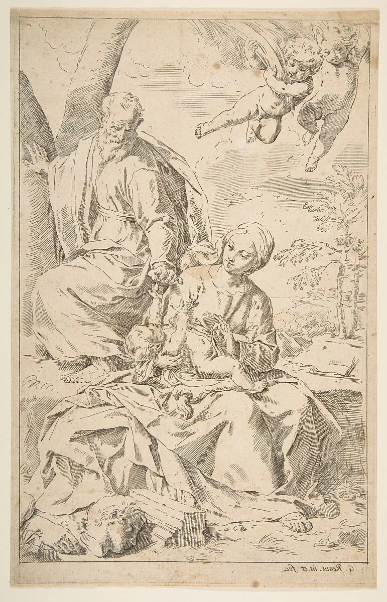 Rest on the flight into Egypt, Mary holding the infant Christ while St. Joseph hands him a fruit — Simone Cantarini