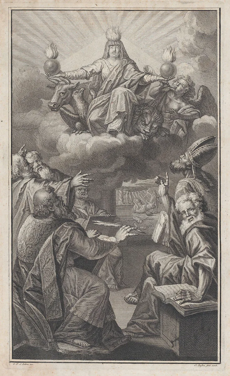 Allegorical figure appearing on clouds overhead while a group of men gathered below look up in astonishment — Claude Augustin Duflos le Jeune|Guillaume Francois Laurent Debrie