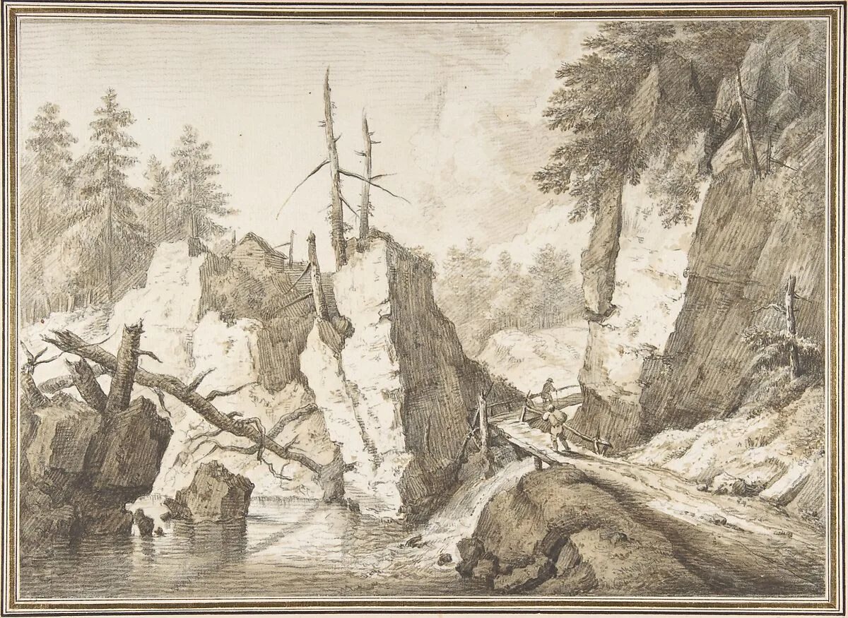 Swiss mountain landscape with small bridge spanning a brook — Franz Schütz