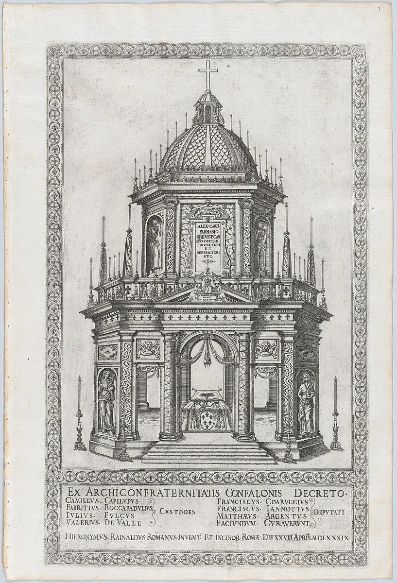 Catafalque for Cardinal Alessandro Farnese; from 'Libro De Catafalchi, Tabernacoli, con varij designi di Porte fenestre et altri ornamenti di Architettura' — Girolamo Rainaldi|Giovanni Giacomo De Rossi|Cardinal Alessandro Farnese