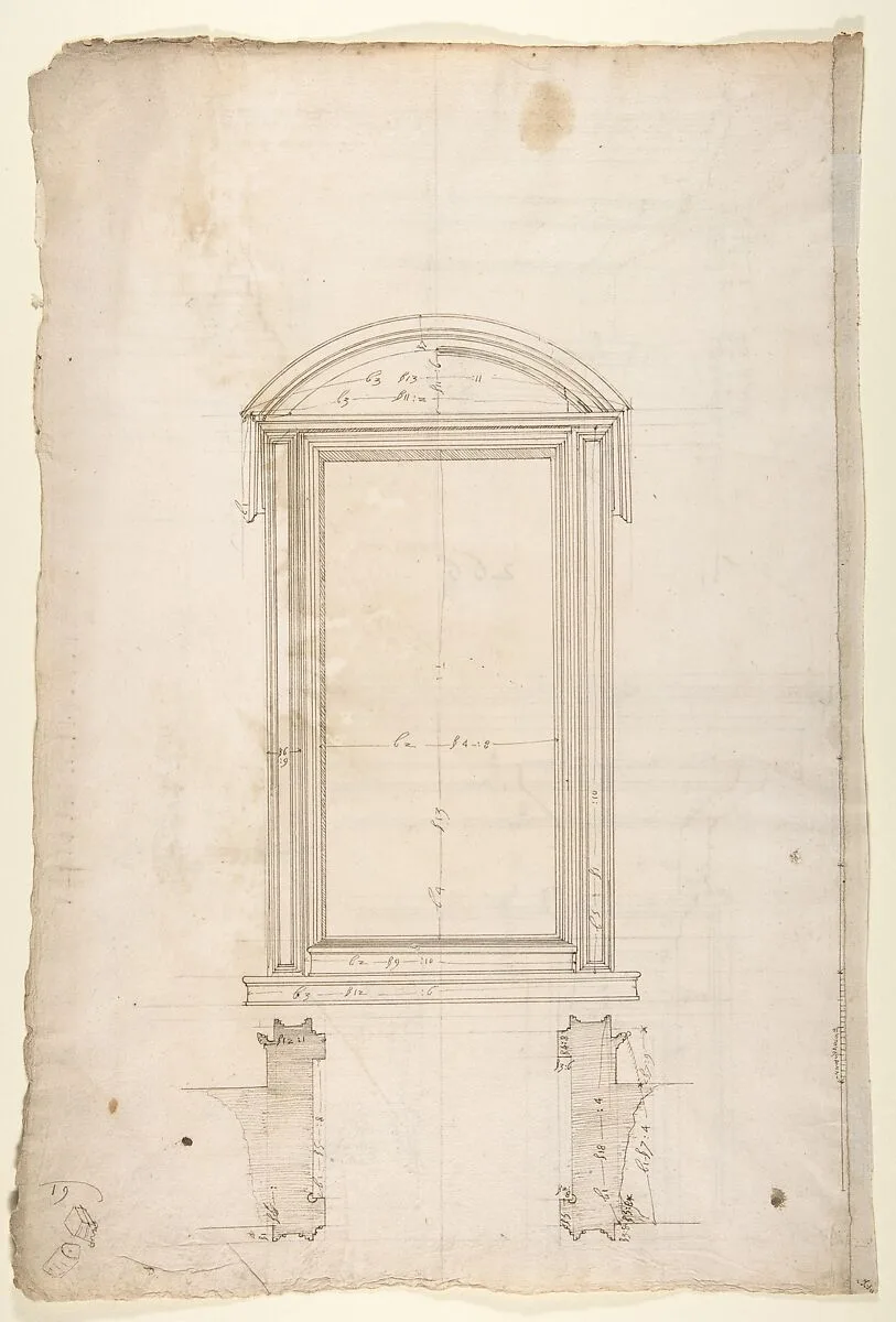 San Lorenzo, Library, Ricetto, portal to Ricetto, elevation; plan (recto) San Lorenzo, Library, Ricetto, portal from cloister, details (verso) — Anonymous, French, 16th century