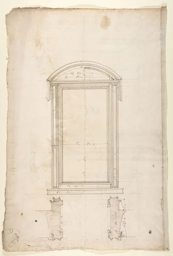 San Lorenzo, Library, Ricetto, portal to Ricetto, elevation; plan (recto) San Lorenzo, Library, Ricetto, portal from cloister, details (verso)