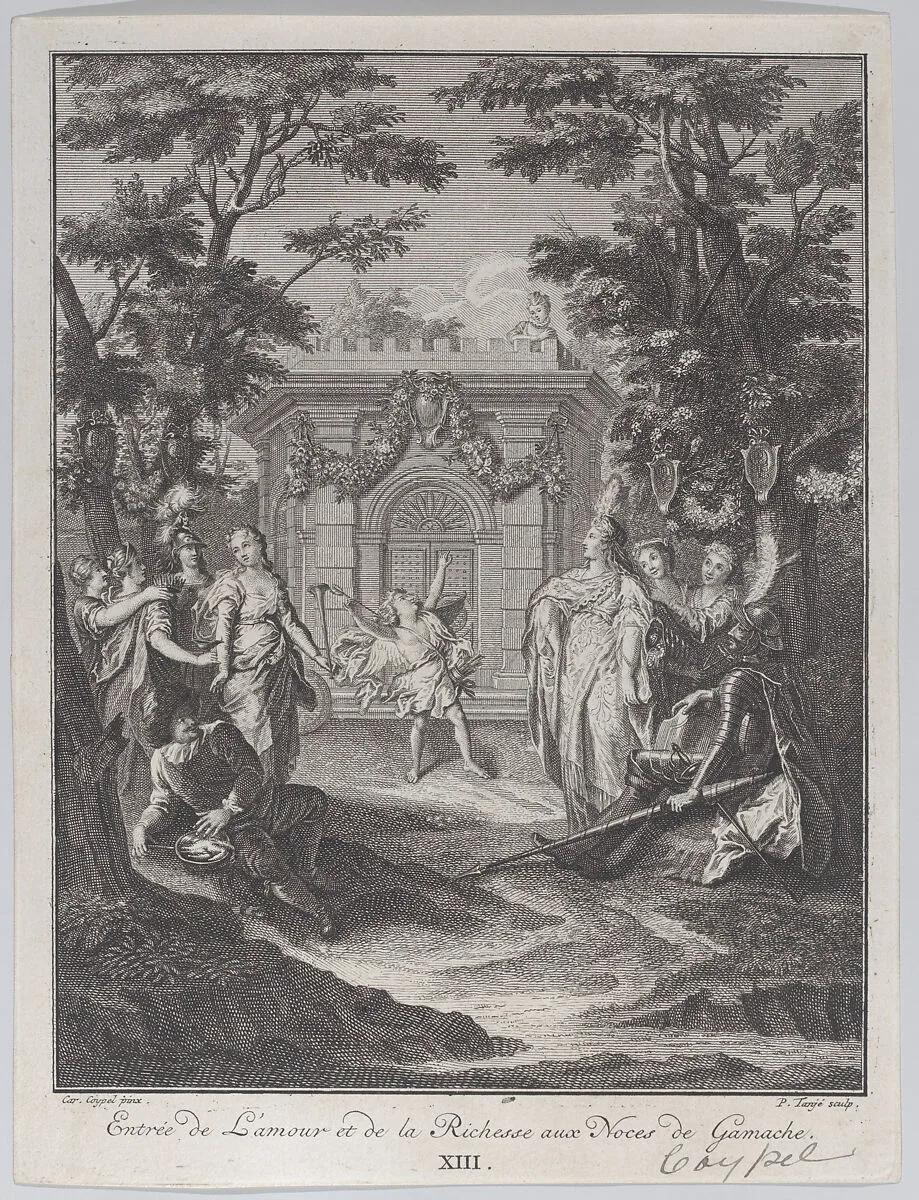 Plate 13: entrance of Love and Wealth to Gamache's wedding (Entrée de L'amour et de la Richesse aux Noces de Gamache) — Charles Antoine Coypel|Pieter Tanjé