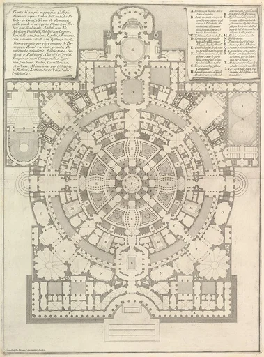 Plan of a spacious and magnificent College designed after the ancient gymnasia of the Greeks and the baths of the Romans..., from "Opere Varie di Architettura, prospettive, grotteschi, antichità; inventate, ed incise da Giambattista Piranesi Architetto Veneziano" (Various Works of Architecture, perspectives, grotesques and antiquities; designed and etched by Giambattista Piranesi, Venetian Architect)