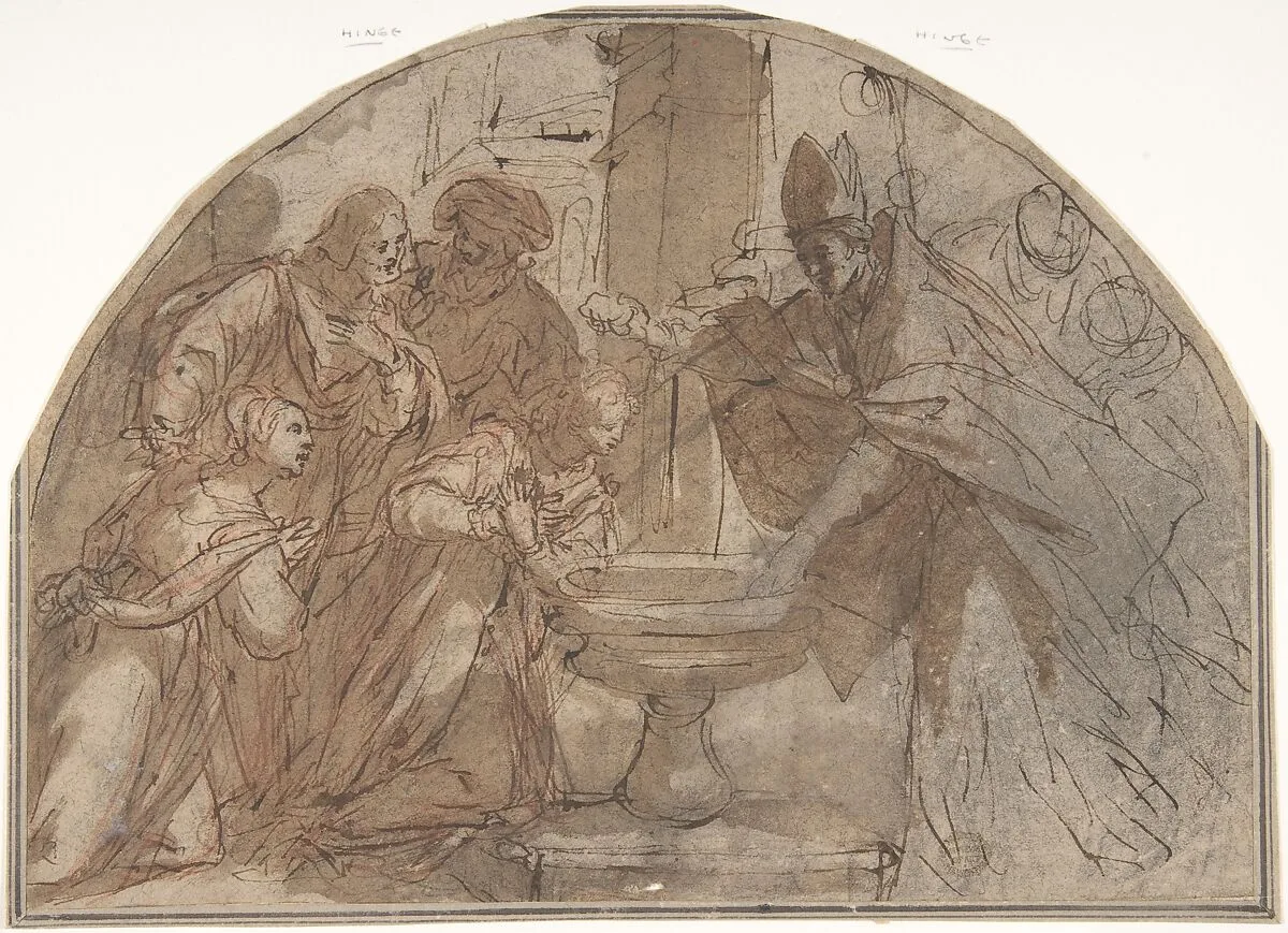 Scene of a Baptism of a Woman by a Bishop with Onlookers — Anonymous, Italian, Roman-Bolognese, 17th century