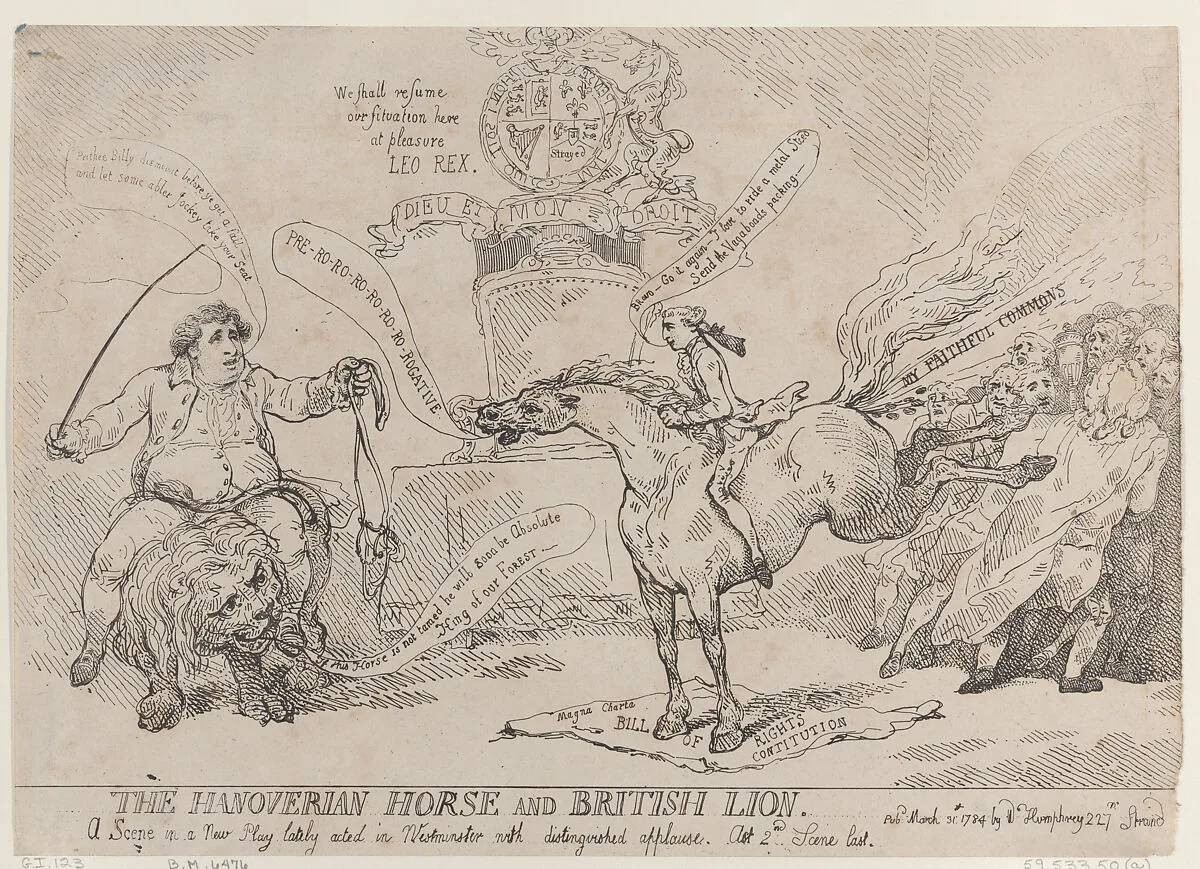 The Hanoverian Horse and British Lion — Charles Wolfran Cornwall|Thomas Rowlandson|Charles James Fox|William Pitt|William Humphrey