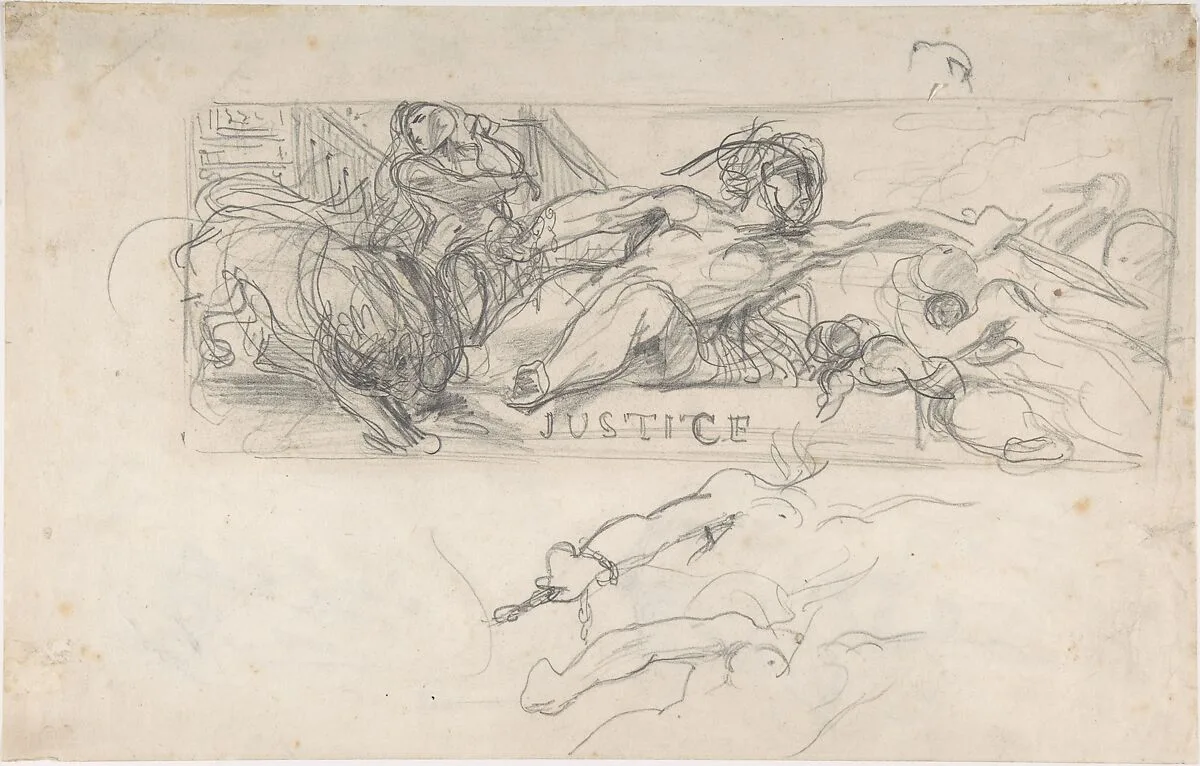 Study for an allegorical figure of Justice in the ceiling decoration of the Salon du Roi, Palais Bourbon; verso: studies of allegorical figures, and architectural sketches. — Eugène Delacroix
