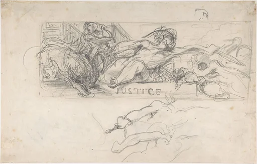 Study for an allegorical figure of Justice in the ceiling decoration of the Salon du Roi, Palais Bourbon; verso: studies of allegorical figures, and architectural sketches.